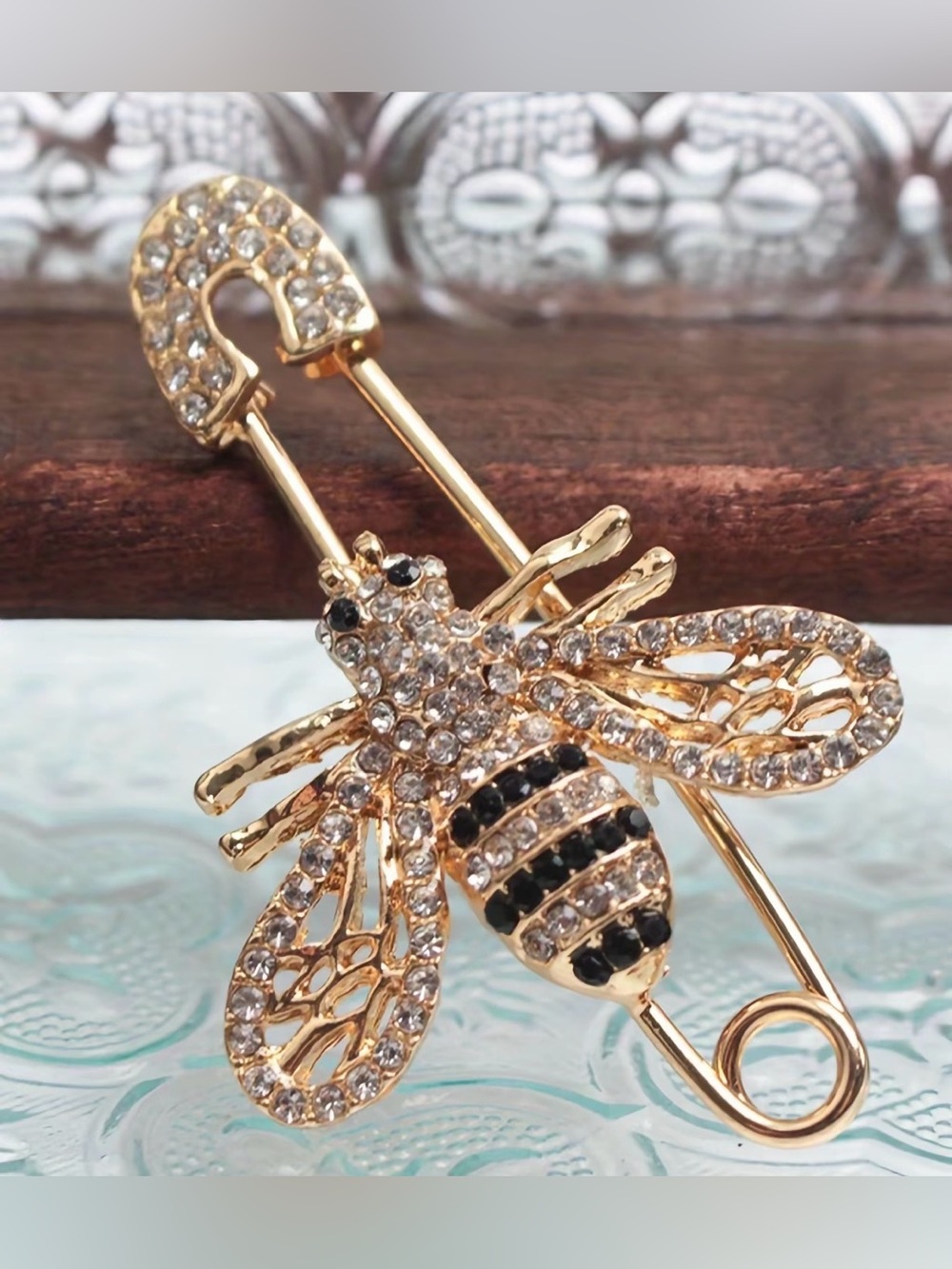 Gold Crystal Bee Brooch Pin ~ Sparkling Bee Safety Pin ~ Fashion Inspired